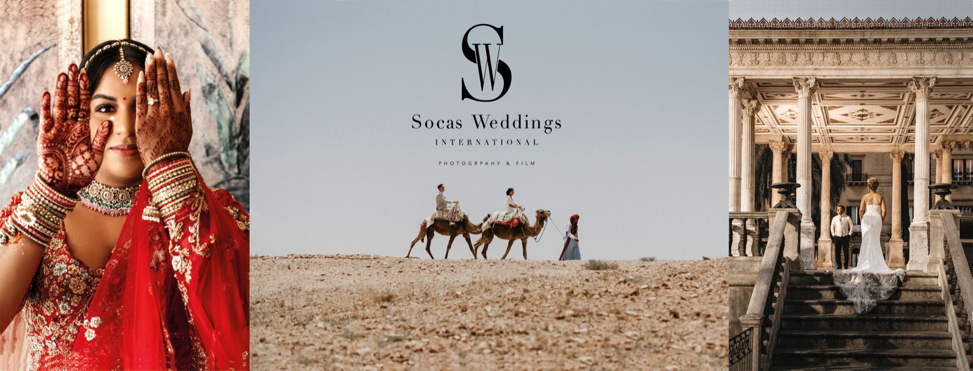 Selección editorial de Socas Weddings con una novia hindú, una pareja en el desierto y una pareja frente a una arquitectura clásica